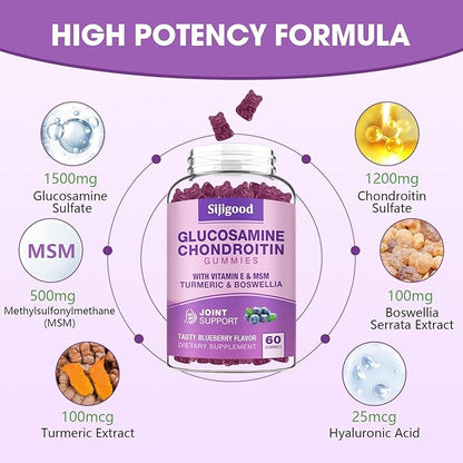 Glucosamine Chondroitin Gummies, Extra Strength Glucosamine Chondroitin MSM with Elderberry & Turmeric Supplement Support Joint & Antioxidant- 60 Blueberry Flavored Gummies