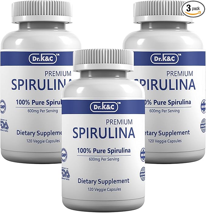 Dr.K&C Organic Spirulina Superfood Supplement – Pure Natural Blue Green Microalgae 600 mg 360 Veggie Capsules Health Immune System Antioxidants Protein Fiber No Filler Non GMO Vegan 3pk