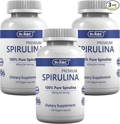 Dr.K&C Organic Spirulina Superfood Supplement – Pure Natural Blue Green Microalgae 600 mg 360 Veggie Capsules Health Immune System Antioxidants Protein Fiber No Filler Non GMO Vegan 3pk