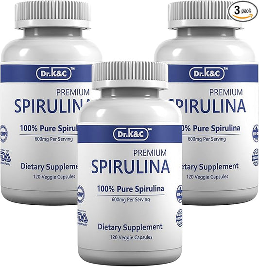 Dr.K&C Organic Spirulina Superfood Supplement – Pure Natural Blue Green Microalgae 600 mg 360 Veggie Capsules Health Immune System Antioxidants Protein Fiber No Filler Non GMO Vegan 3pk