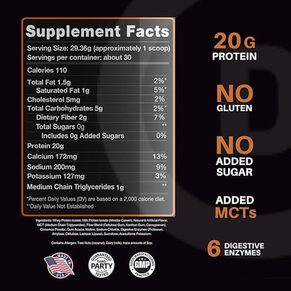 Devotion Nutrition Protein Powder Blend | Gluten Free, Keto Friendly, No Added Sugars | 1g MCT | 20g Whey & Micellar Protein | 2lb Tub (Sinful Cinnamon)