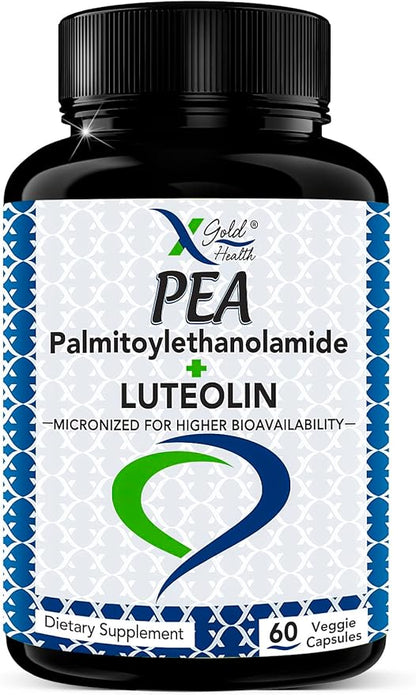 Palmitoylethanolamide 630 mg + Luteolin Standardized 98%- Micronized Pea 99% Highly Purified and Bioavailable - Made in USA - Supplement for Men and Women - 60 Veggie Capsules