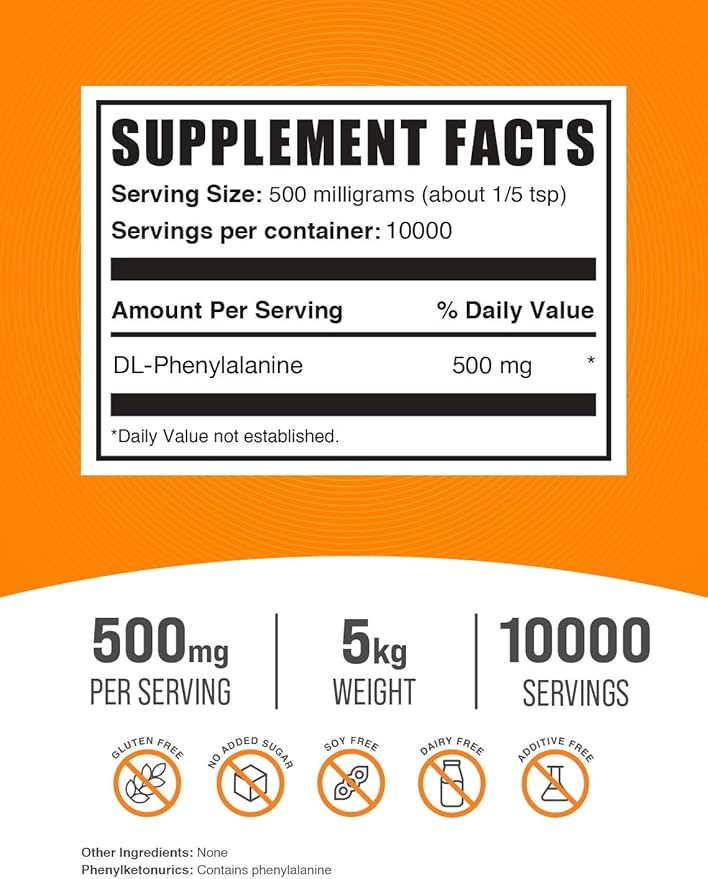 BulkSupplements.com DL-Phenylalanine Powder - DLPA Powder, DL-Phenylalanine 500mg - DLPA Supplements, Amino Acid Supplementation - 500mg per Serving, 5kg (11 lbs), Pack of 5