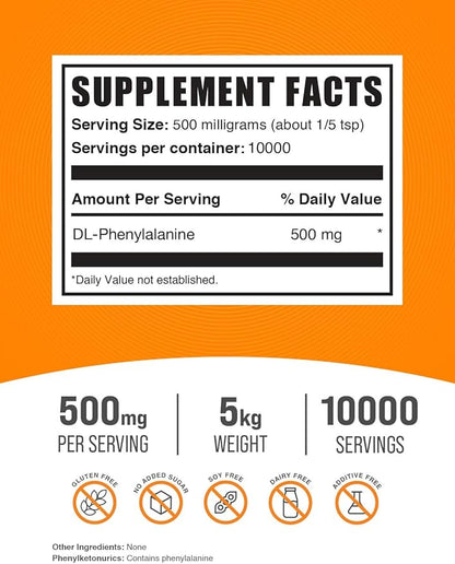 BulkSupplements.com DL-Phenylalanine Powder - DLPA Powder, DL-Phenylalanine 500mg - DLPA Supplements, Amino Acid Supplementation - 500mg per Serving, 5kg (11 lbs), Pack of 5