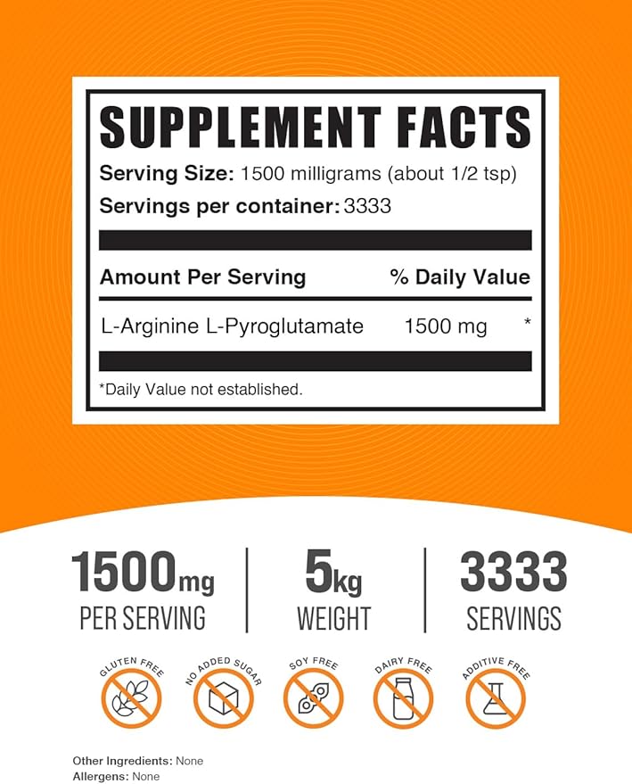 BulkSupplements.com L-Arginine L-Pyroglutamate Powder - Arginine Supplement, Nitric Oxide Supplement, Arginine Powder - Gluten Free, 1500mg per Serving, 5kg (11 lbs) (Pack of 5)