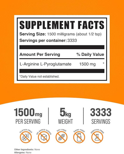 BulkSupplements.com L-Arginine L-Pyroglutamate Powder - Arginine Supplement, Nitric Oxide Supplement, Arginine Powder - Gluten Free, 1500mg per Serving, 5kg (11 lbs) (Pack of 5)