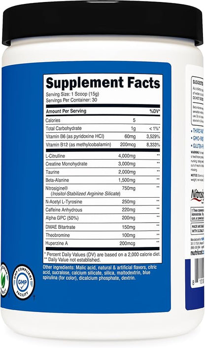 Nutricost Pre-C Pre-Workout Complex with Creatine (Blue Rasberry | 30 Servings) Powder - Boost Fintess Routines, 450g