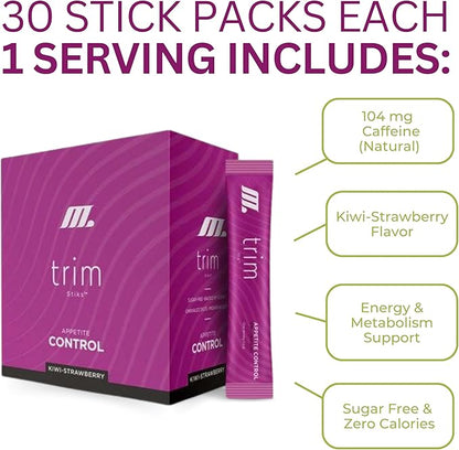 Official Trim Stiks - Kiwi-Strawberry - Support Energy & Focus with Mood Boost - Bioperine & Theobromine Energy Powder - Appetite Support (30 Sticks)