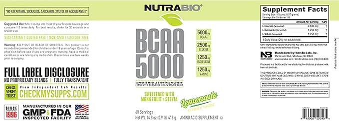 NutraBio BCAA 5000 Powder - Fermented Branched Chain Amino Acids for Muscle Growth & Recovery - Natural Flavors, Sweeteners, and Coloring, Vegan, Gluten Free - Lemonade, 60 Servings