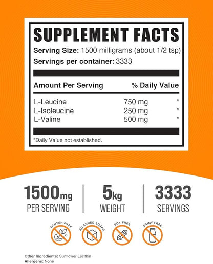 BulkSupplements.com BCAA 3:1:2 Powder - BCAA Supplements, BCAA Powder, Branched Chain Amino Acids - Unflavored & Gluten Free, 1500mg per Serving, 5kg (11 lbs) (Pack of 1)