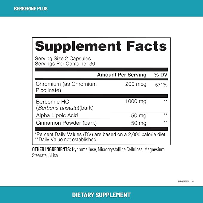 SlimFast Berberine Plus Capsules, Berberine Supplement, with Berberine hcl, Chromium Picolinate, Alpha Lipoic Acid, and Cinnamon Bark, 60 Count, 30 Servings