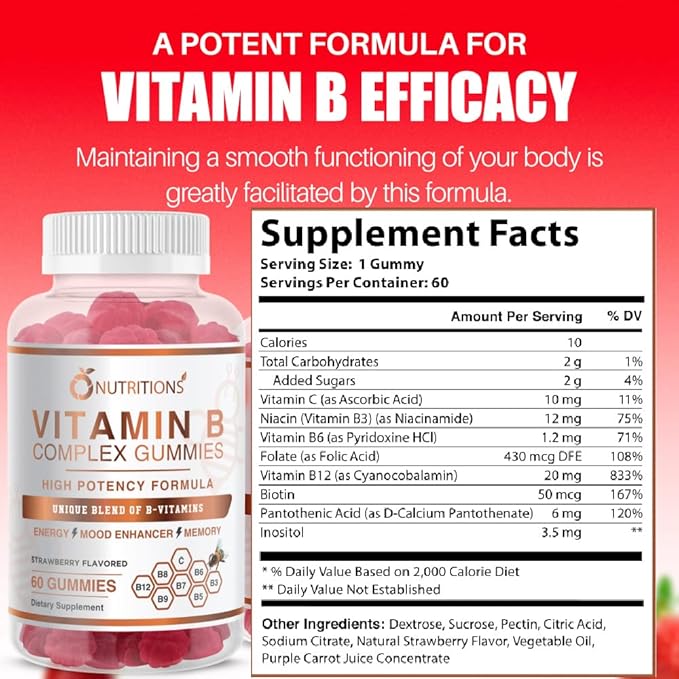 O NUTRITIONS Vitamin B Complex Vegan Gummies with Vitamin B12, B7 as Biotin, B6, B3 as Niacin, B5, B6, B8, B9 as Folate for Stress, Energy and Healthy Immune System (1 Pack)