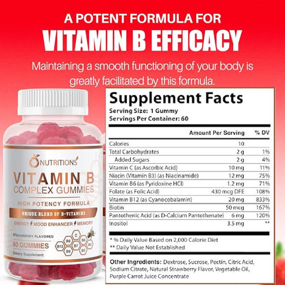 O NUTRITIONS Vitamin B Complex Vegan Gummies with Vitamin B12, B7 as Biotin, B6, B3 as Niacin, B5, B6, B8, B9 as Folate for Stress, Energy and Healthy Immune System (1 Pack)