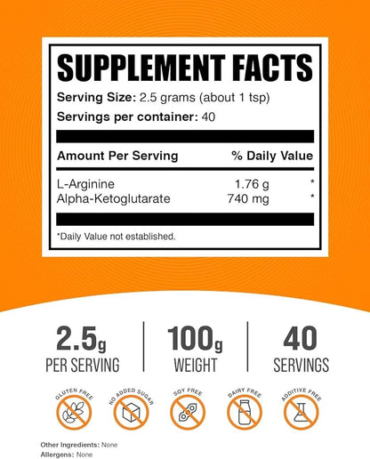 BulkSupplements.com AAKG Powder - Arginine Alpha-Ketoglutarate, AKG Supplement - Arginine Supplement, Unflavored & Gluten Free, 2500mg per Serving, 100g (3.5 oz) (Pack of 1)