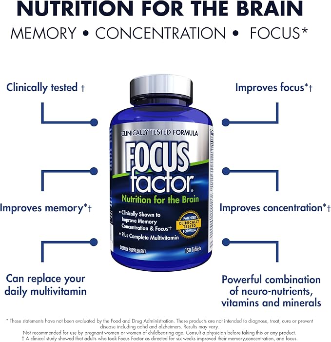 Focus Factor Nutrition for The Brain Improved Memory & Concentration Brain Supplement, 150 Count, 1 Pack (10407)