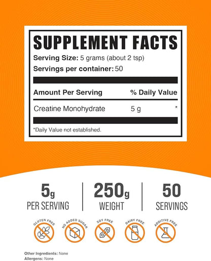 BulkSupplements.com Creatine Monohydrate Powder - Creatine Supplement, Micronized Creatine, Creatine Powder - Unflavored & Gluten Free, 5g (5000mg) per Servings, 250g (8.8 oz) (Pack of 1)