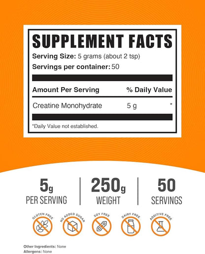 BulkSupplements.com Creatine Monohydrate Powder - Creatine Supplement, Micronized Creatine, Creatine Powder - Unflavored & Gluten Free, 5g (5000mg) per Servings, 250g (8.8 oz) (Pack of 1)