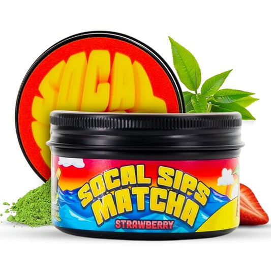 SoCal Sips Matcha Powder Japanese Green Tea – Strawberry Flavored Blend – Organic & Ceremonial Grade Matcha Powder – All Natural & Zero Sugar Added – Ideal for Tea, Smoothies, & Lattes – 1.43 Oz
