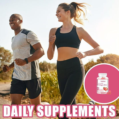 Multi Collagen Protein Glow Beauty Collagen Gummies, Women's Anti-Aging Support with Glutathione, Biotin & Multivitamins, Promotes Skin & Hair Health, Strawberry, 180 Gummies (90 Days)