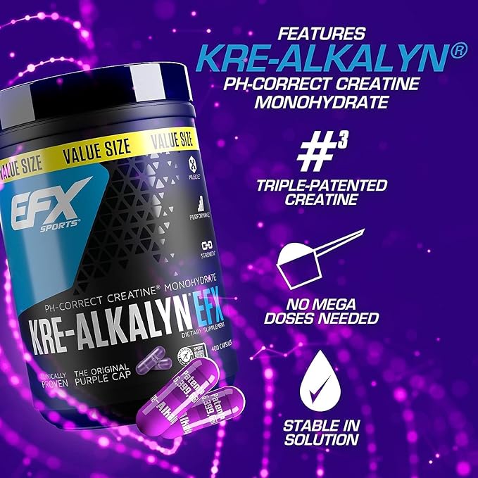 EFX Sports Kre-Alkalyn EFX | pH Correct Creatine Monohydrate Pill Supplement | Strength, Muscle Growth & Performance | 200 Servings, 400 Capsules