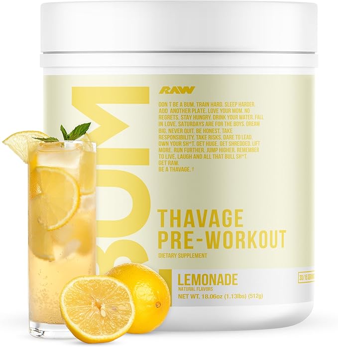 RAW Preworkout Powder, Thavage (Lemonade) - Chris Bumstead Sports Nutrition Supplement for Men & Women - Cbum Pre Workout for Working Out, Hydration, Mental Focus & Energy - 40 Servings