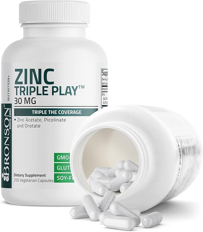 Bronson Zinc Triple Play 30 mg Triple Coverage Immune Support Zinc Supplement with Zinc Acetate, Picolinate & Orotate - Immune, Antioxidant & Skin Health Support - 250 Vegetarian Capsules