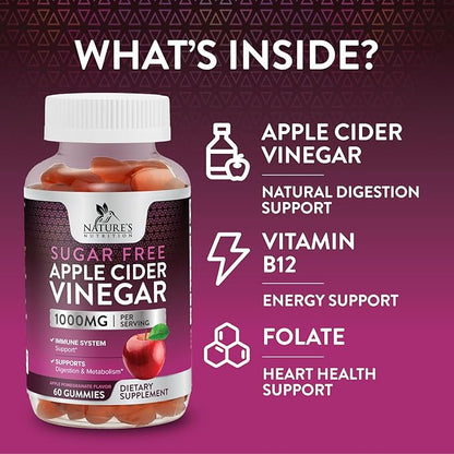 Nature's Nutrition Apple Vinegar Gummy for Weight Loss 1000mg - Vegan Apple Cider Vinegar Gummies for Detox & Cleanse, ACV Supplement Pills, Vitamin B12, Sugar Free ACV Gummy, Non-GMO - 60 Gummies