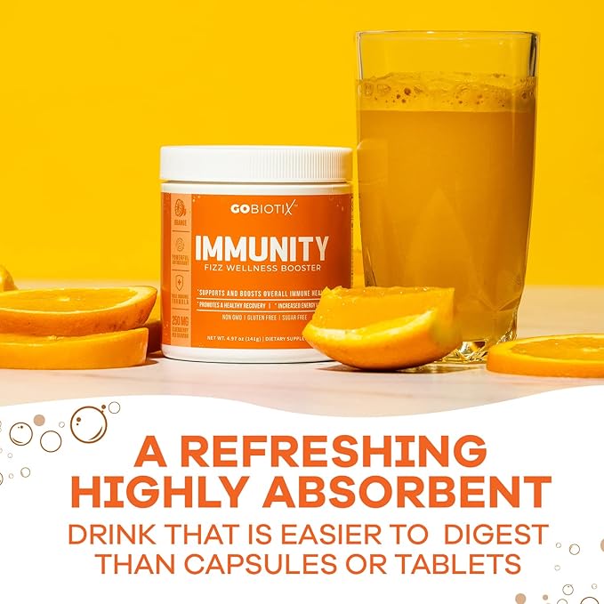 GOBIOTIX Vitamin C - Immune Defense Support Supplement - Immunity Powder Wellness Booster - Vegan Superfood - Elderberry, Turmeric, B12 Vitamin Supplement, Non-GMO and Sugar Free (Orange)