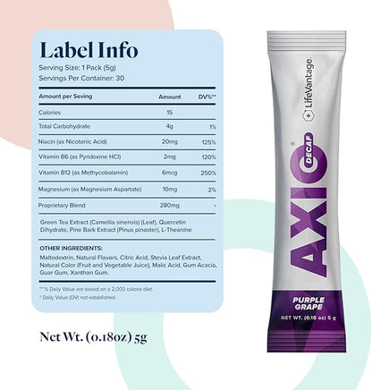 AXIO Regular Energy Drink Powder, Purple Grape, 30 Packets, Instant Energy Powder, Energy Supplement in a Drink Mix, w/B Vitamins, DMAE, L-Theanine, Quercetin, Green Tea & Pine Bark Extract