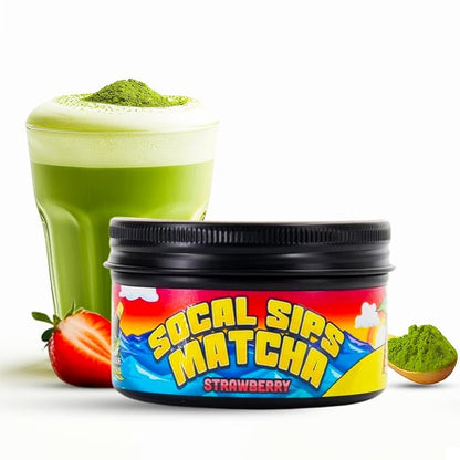 SoCal Sips Matcha Powder Japanese Green Tea – Strawberry Flavored Blend – Organic & Ceremonial Grade Matcha Powder – All Natural & Zero Sugar Added – Ideal for Tea, Smoothies, & Lattes – 1.43 Oz