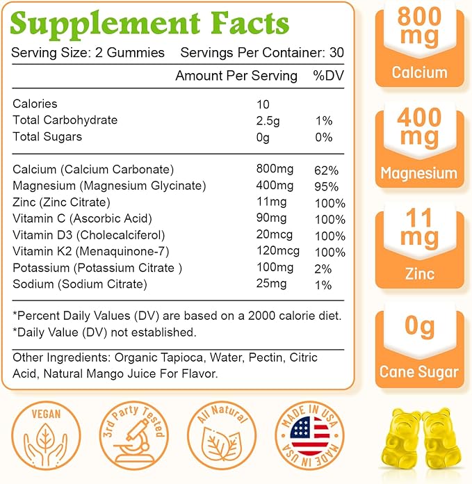 High Absorption Calcium Gummies, Sugar Free Calcium Magnesium Supplement with Vitamin D3 K2 for Bone & Teeth Strength, Muscle Function - Vegan, Mango Flavor 60 Cts