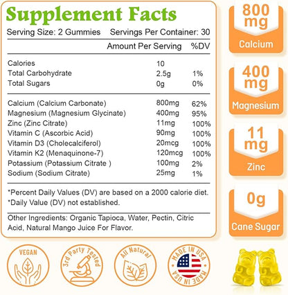 High Absorption Calcium Gummies, Sugar Free Calcium Magnesium Supplement with Vitamin D3 K2 for Bone & Teeth Strength, Muscle Function - Vegan, Mango Flavor 60 Cts