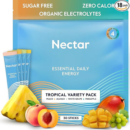 Nectar Energy Booster - Organic Caffeine, B12 & Electrolytes - Sugar Free & Zero Calorie – Healthy Coffee, Energy Drink & Soda Alternative – Hydration & Energy Supplement (Tropical 18 Packets)