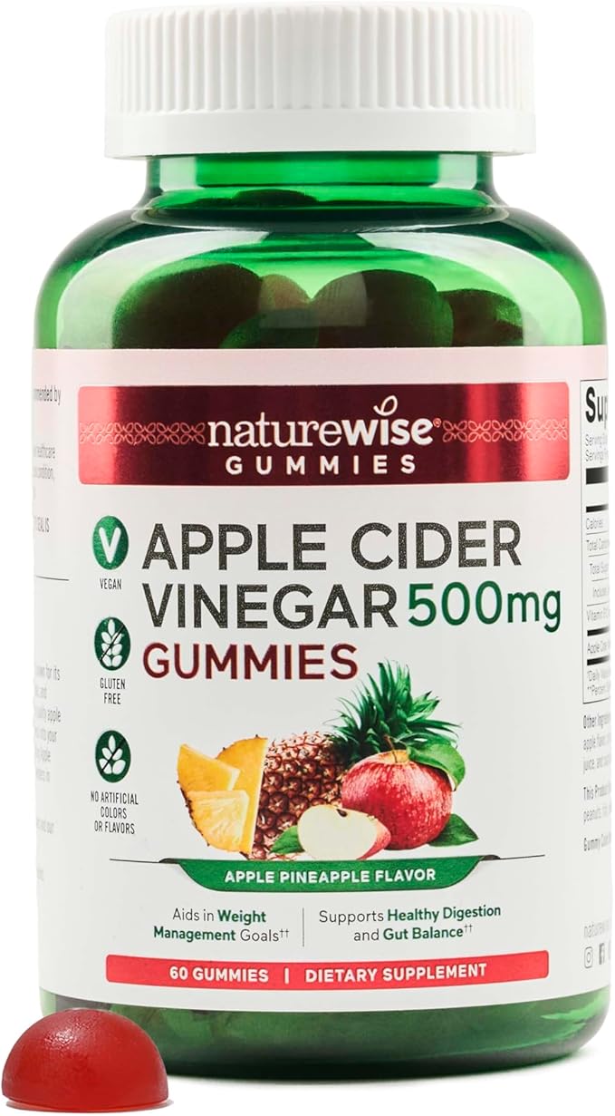 NatureWise Apple Cider Vinegar Gummies - 500mg ACV Gummies with Vitamin B12 - Apple-Pineapple Flavor - Support for Energy & Gut Health - Vegan, Gluten-Free, Non-GMO - 60 Gummies[2-Month Supply]
