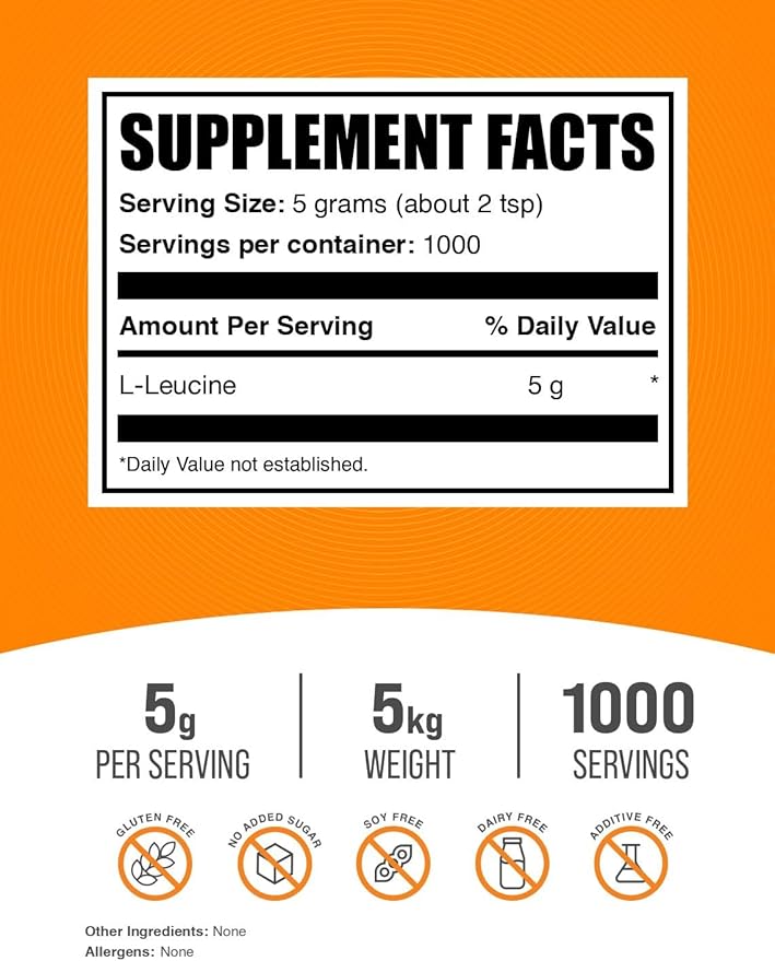 BulkSupplements.com L-Leucine Powder - Leucine Supplements, Leucine Amino Acid - BCAA Supplements, Leucine Powder - Unflavored, 5000mg per Serving, 5kg (11 lbs) (Pack of 5)