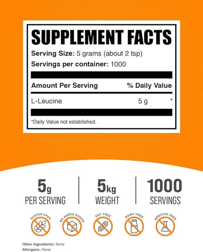 BulkSupplements.com L-Leucine Powder - Leucine Supplements, Leucine Amino Acid - BCAA Supplements, Leucine Powder - Unflavored, 5000mg per Serving, 5kg (11 lbs) (Pack of 5)