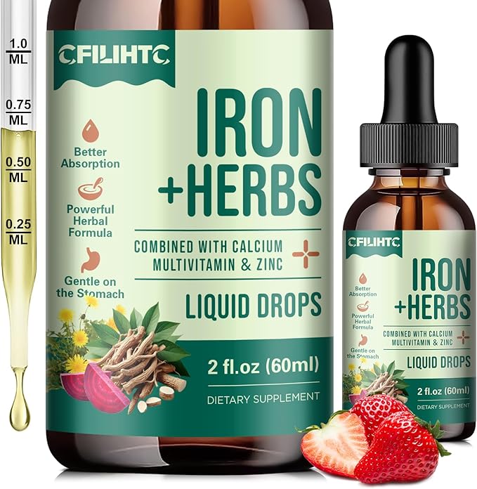 Liquid Iron Supplement for Women, Men, Iron Drops with Women's Health Herb Blend, Calcium, Zinc & Multivitamin - Support Blood Builder, Skin, Energy, Immune for Iron Deficiency, Anemia, Vegan 2 Fl Oz