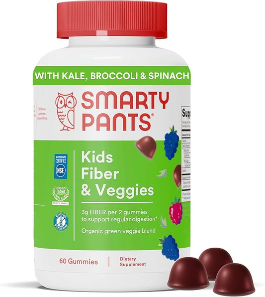 SmartyPants Kids Fiber & Veggies: Prebiotic Fiber Gummies for Kids, Fiber Supplement with Inulin, Organic Green Veggie Blend, Vegan, Gluten Free, Mixed Berry Flavor, 60 Count (30 Day Supply)