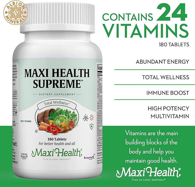 Maxi Health Supreme High Potency Multivitamin & Mineral for Wellness, Immune Boost & Antioxidant Defense, Includes Vitamin A, Vitamin C, Vit D and E, Vitamin B12, B6, Biotin, Selenium, Zinc, Inositol…