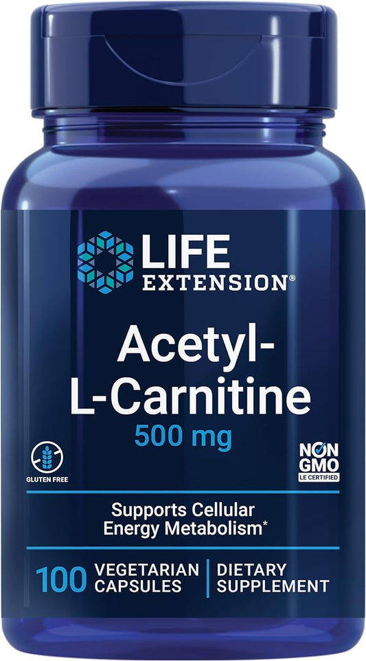 Life Extension Acetyl-L-Carnitine, Acetyl-L-Carnitine, vitamin C, Brain, mood & nerve health, cellular energy, 3-month supply, Gluten-Free, Non-GMO, Vegetarian, 100 Capsules