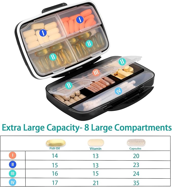 Travel Pill Organizer Large Portable Medication Fullicon Oversize 8 Compartment Pill Box, Vitamin Travel Case Pill Holder - Airtight & Moistureproof (Black)