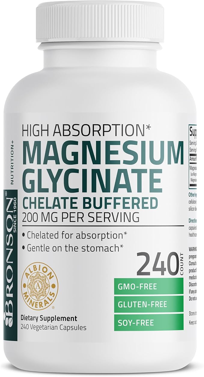 Bronson Magnesium Glycinate 200 MG per Serving Chelated for High Absorption, Gentle On Stomach, Non-GMO, 240 Vegetarian Capsules