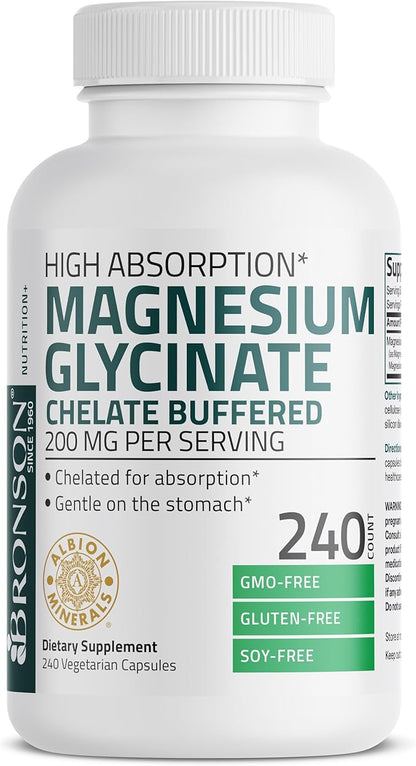 Bronson Magnesium Glycinate 200 MG per Serving Chelated for High Absorption, Gentle On Stomach, Non-GMO, 240 Vegetarian Capsules