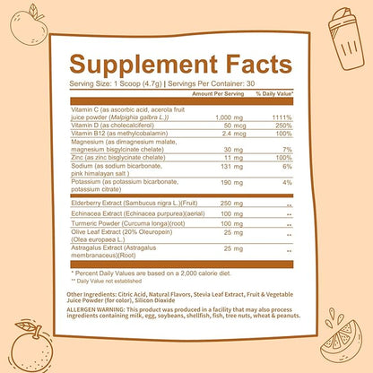 GOBIOTIX Vitamin C - Immune Defense Support Supplement - Immunity Powder Wellness Booster - Vegan Superfood - Elderberry, Turmeric, B12 Vitamin Supplement, Non-GMO and Sugar Free (Orange)