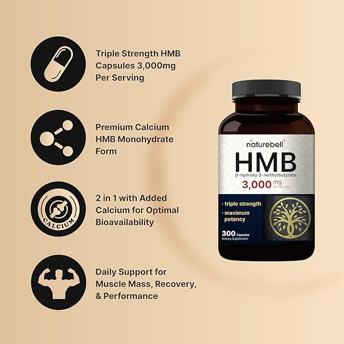NatureBell HMB 3,000 mg Per Serving | 300 Capsules, 3X Triple Strength HMB Beta-Hydroxy Beta-Methylbutyrate Supplement – Lean Muscle Mass & Recovery Support – Non-GMO