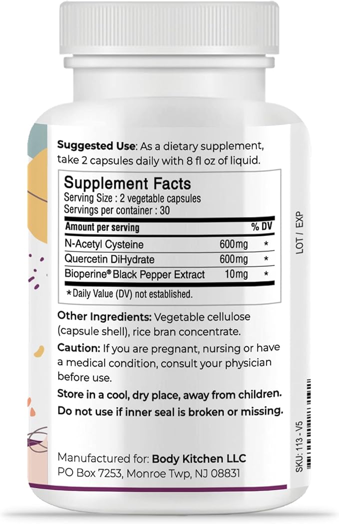 Body Kitchen Mega NAC (N-Acetyl Cysteine) 600 mg with Quercetin, Supports Respiratory Health and Immune Function and Promotes Liver and Kidney Detox, Veggie Caps, (Pack of 3)