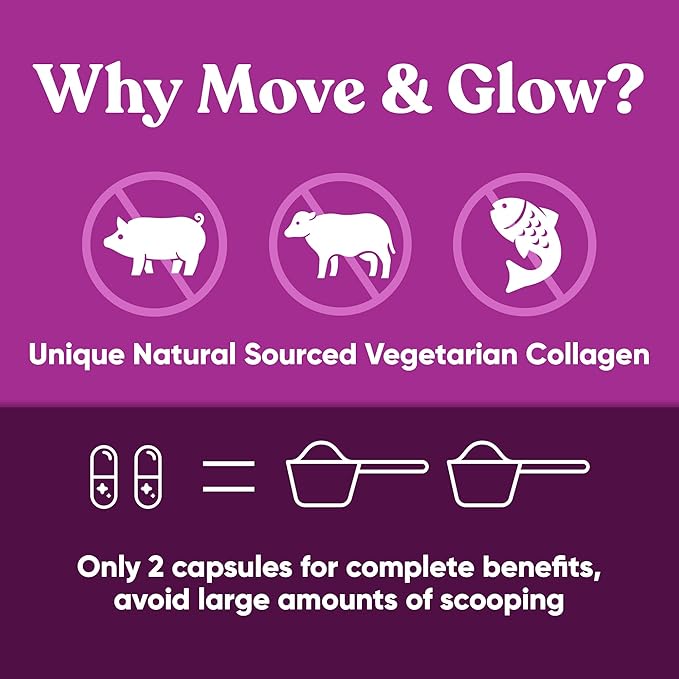 Move & Glow Collagen Pills for Women & Men – Vegetarian Multi-Collagen (Type I-V-X) with 9 Plant-based Superfoods for Skin Health & Joint Support – Biotin, Vitamin C, Vitamin E, 60 Vegetarian Capsules