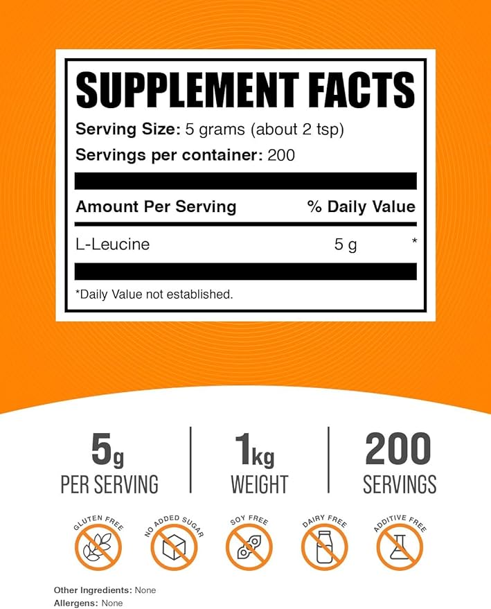 BulkSupplements.com L-Leucine Powder - Leucine Supplements, Leucine Amino Acid - BCAA Supplements, Leucine Powder - Unflavored, 5000mg per Serving, 1kg (2.2 lbs) (Pack of 1)