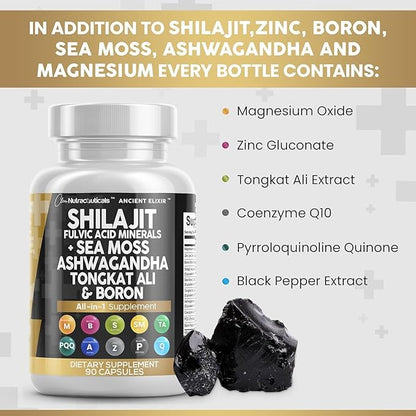 Clean Nutraceuticals Shilajit Supplement with Sea Moss, Ashwagandha, Tongkat Ali, Boron, Magnesium - Fulvic Acid Capsules for Men - 90 Count