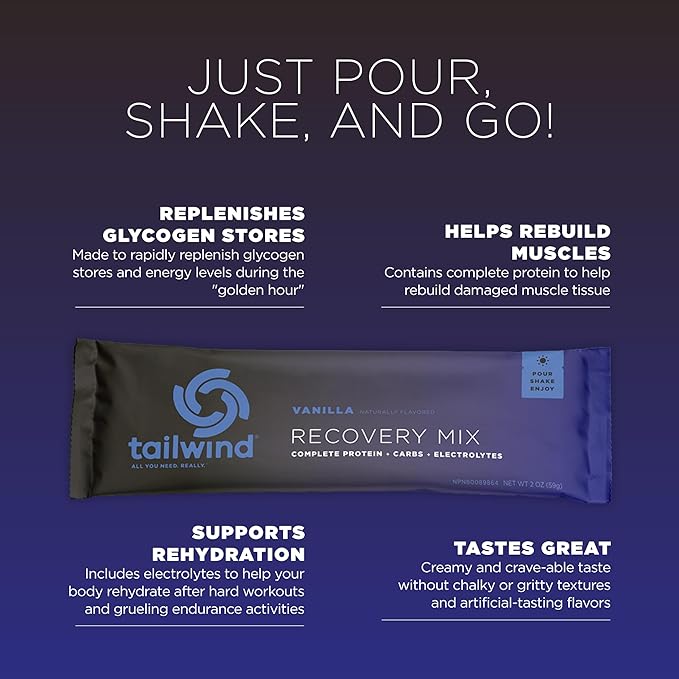 Tailwind Nutrition Recovery Mix, Complete Protein, Carbohydrates, and Electrolytes Powder Drink Mix for Post-Workout, Free of Gluten, Soy, and Dairy, Vegan, 12 Servings, Vanilla